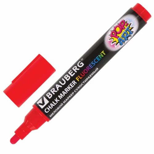 Маркер меловой BRAUBERG "POP-ART" сухостираемый, 5 мм, красный