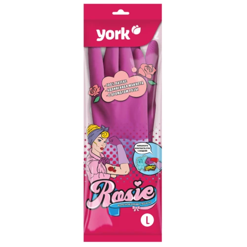 Перчатки YORK "Роза" латекс, хлопчатобумажное напыление, размер L, розовые, 1 пара