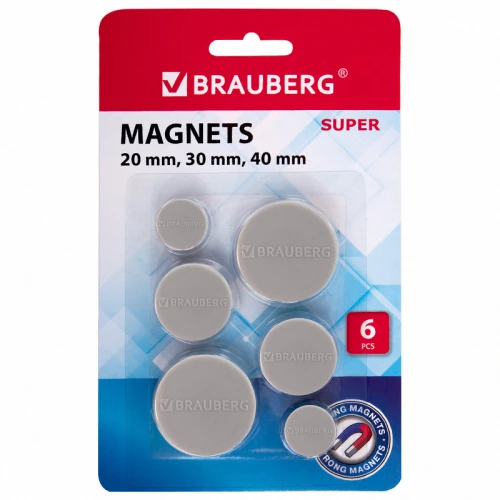 Магнит для досок мощный BRAUBERG "SUPER" 20/30/40 мм, 6 шт, серый