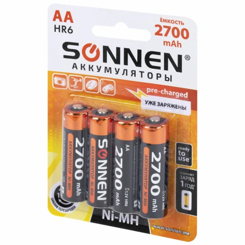 Батарейки аккумуляторные SONNEN АА (HR6) 2700 mAh, 4 шт. в блистере