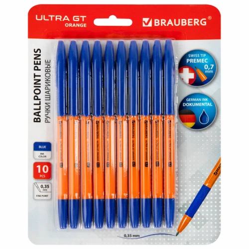 Ручка шариковая BRAUBERG "ULTRA GT ORANGE" 0.7 мм, оранжевый корпус, синяя, 10 шт.