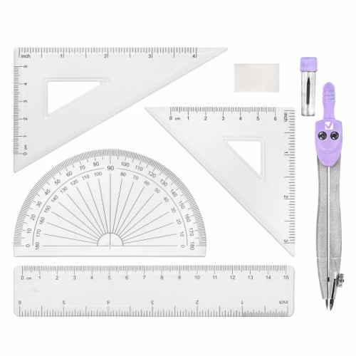 Готовальня BRAUBERG "SCHOOL KIT" 8 предметов, пластиковый футляр, лаванда