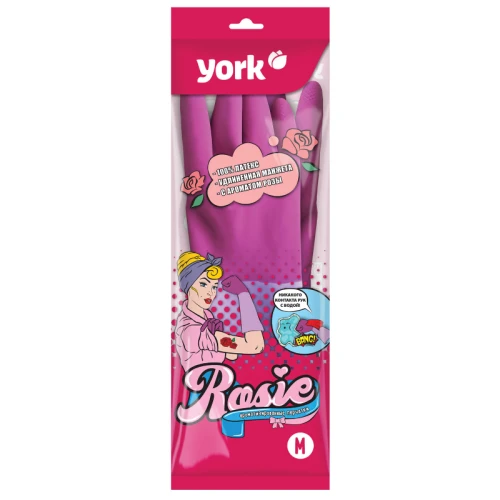 Перчатки YORK "Роза" латекс, хлопчатобумажное напыление, размер M, розовые, 1 пара