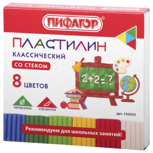 Пластилин ПИФАГОР 8 цветов, 120 гр, со стеком