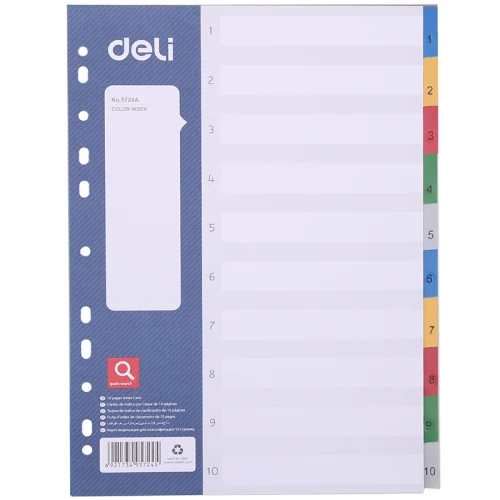 Разделитель листов DELI А4, пластик, 10 листов, цветной