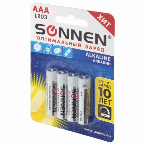 Батарейки SONNEN "Alkaline" AAА (LR03, 24А) алкалиновые, 4 шт. в блистере