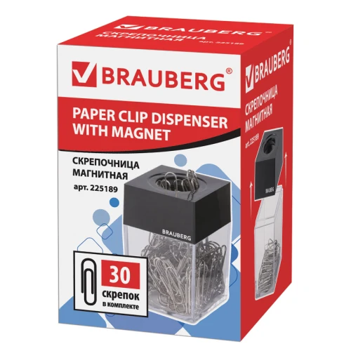 Скрепочница BRAUBERG магнитная с 30 скрепками, прозрачный корпус