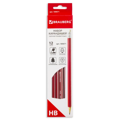 Карандаш чернографитный BRAUBERG "ZTX" HB, красный корпус, 12 шт.