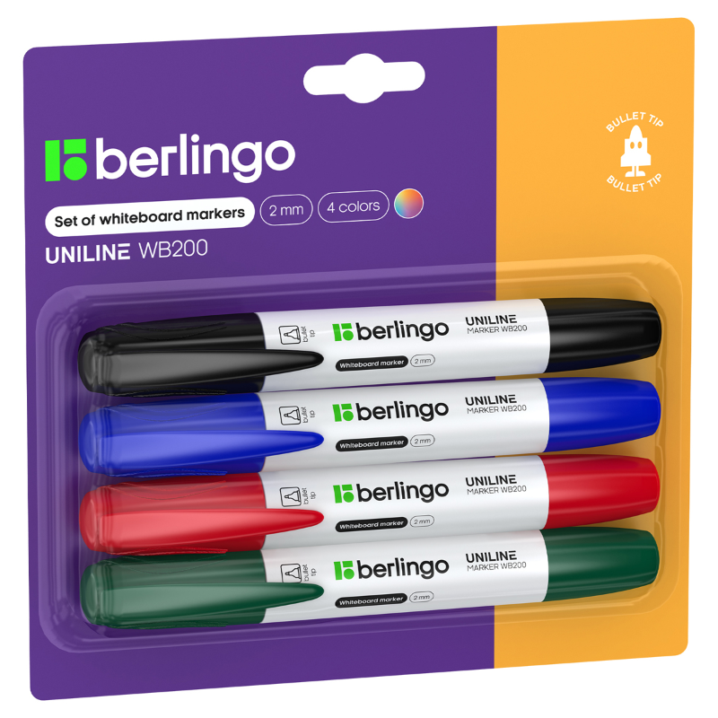 Набор маркеров для доски Berlingo "Uniline WB200" пулевидный, 2 мм, 4 цвета