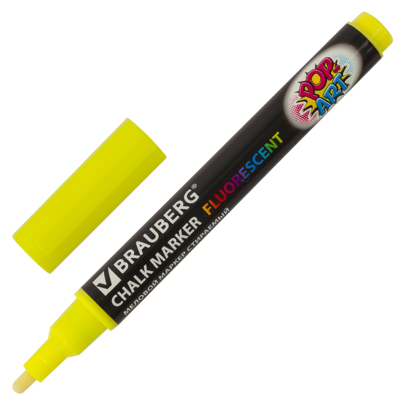 Маркер меловой BRAUBERG "POP-ART" сухостираемый, 3.5 мм, желтый