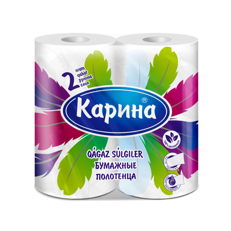 Полотенца бумажные в рулонах Карина "Перья" 2-слойные, 21,5*11 см, 15 м, белые, 2 шт.