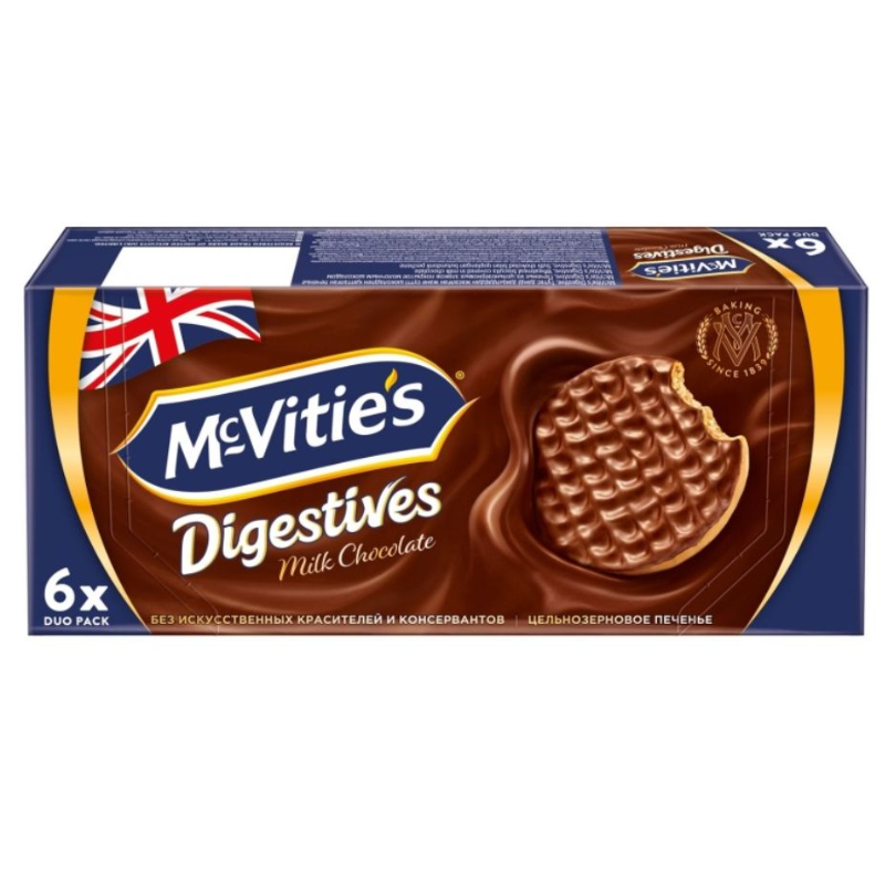 Печенье McVitie`s "Digestive" из цельнозерновых злаков покрытое молочным шоколадом 6*33 гр