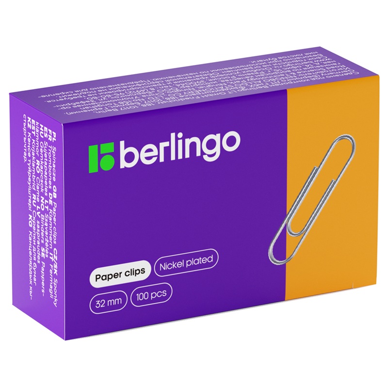 Скрепки канцелярские Berlingo 32 мм, никелированное, 100 шт. в картонной коробке