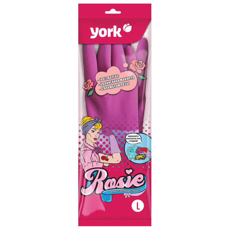 Перчатки YORK "Роза" латекс, хлопчатобумажное напыление, размер L, розовые, 1 пара