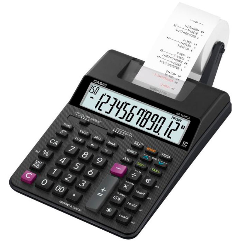 Калькулятор печатающий Casio HR-150RCE, 12 разрядов, лента 57 мм, печать 2 цвета, черный