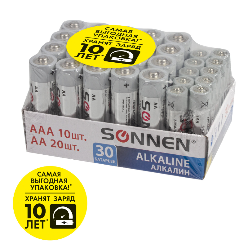 Батарейки SONNEN "Alkaline" AA+ААА (LR6+LR03) алкалиновые, 30 шт (20+10 шт) в коробке