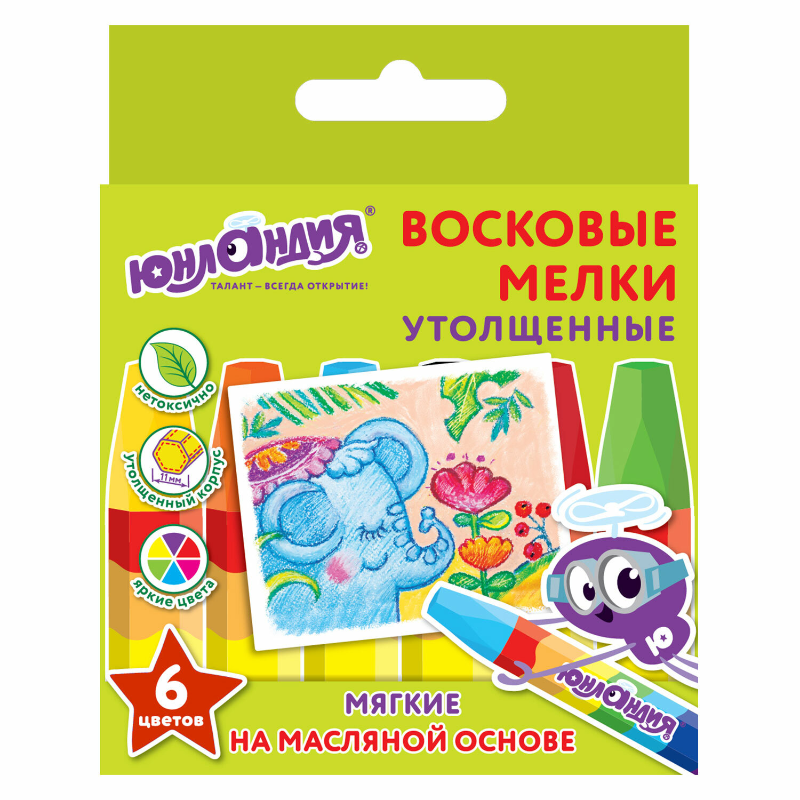 Мелки восковые ЮНЛАНДИЯ утолщенные, масляная основа, 6 цветов